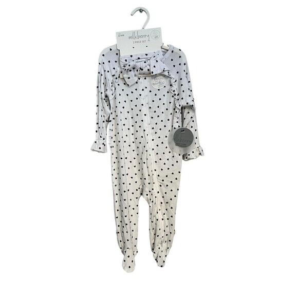 Milkberry Hearts 6-9 Months Bamboo Footie & Headband 2 Piece Set White Black NEW